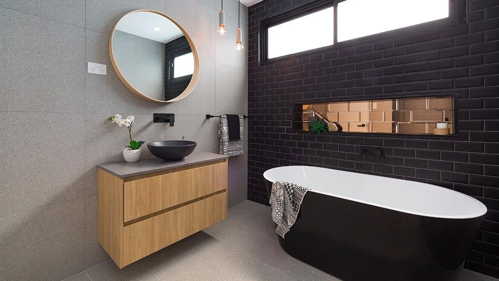 Modern bathroom design with black bath tub
